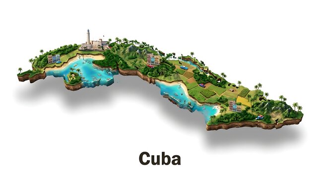 A 3D rendered map of Cuba, featuring its diverse landscapes and coastal regions.