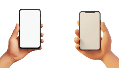 3D hand holding smartphones with blank screens isolated on transparent background png