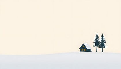 Minimalist winter landscape with cabin and pine trees in snow covered scenery scene design