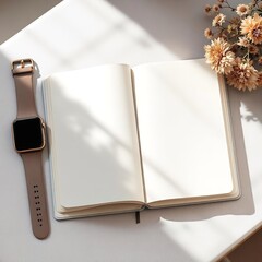 Blank notebook mockup with watch and flowers for blog post or social media content creation flatlay