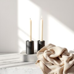 Two black candle holders with lit candles and a beige linen cloth on a white surface for home decor