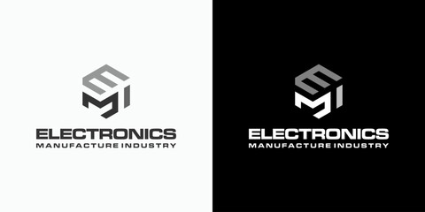 Vector logo design of the initials E, M and I in a geometric hexagon shape with a modern, simple, clean and abstract style.