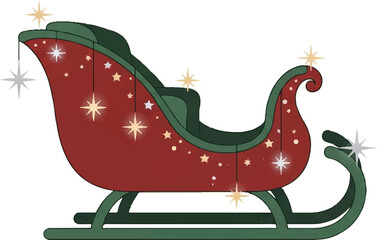 A festive red and green Christmas sleigh decorated with sparkling stars and hanging ornaments.