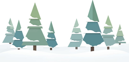 Stylized illustration of a winter forest with snow-covered evergreen trees in a minimalist design.