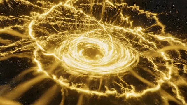 Continuous looping animation of bright yellow glowing energy lines dynamically orbiting an unseen central mass in deep black space rotation, trajectory, golden yellow
