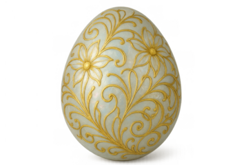 Decorative easter egg with golden floral design, elegant ornamentation, and intricate swirling details, transparent background