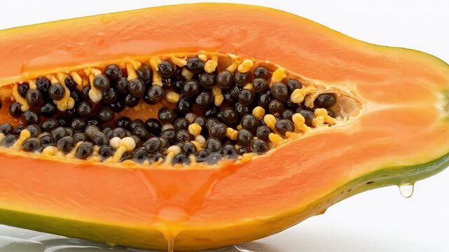 A captivating close-up shot showcases a freshly cut half of a ripe tropical fruit, highlighting its vibrant, succulent orange flesh and a cluster of numerous glossy, dark seeds at its core. Natural ju