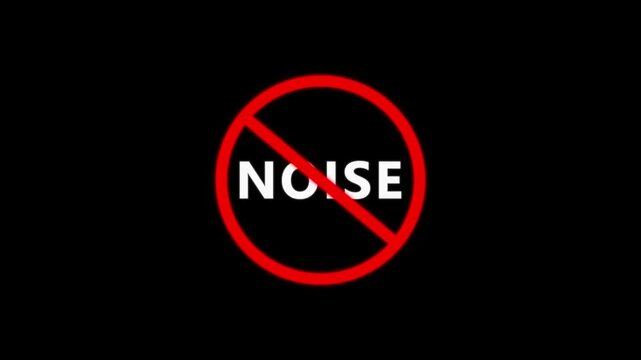 Red prohibition sign with the word NOISE in white glowing text on a black background no noise
