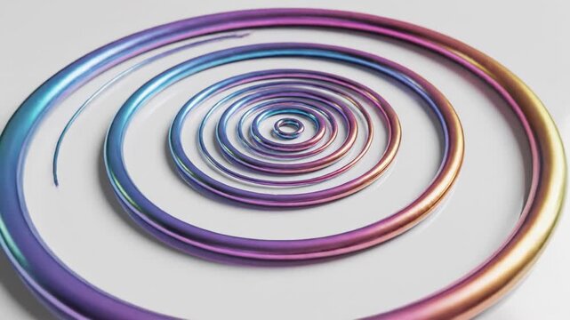 Continuous thin iridescent rainbow line drawing itself into a complex golden ratio spiral geometric pattern on a clean minimalist white surface fibonacci, stylish, itself