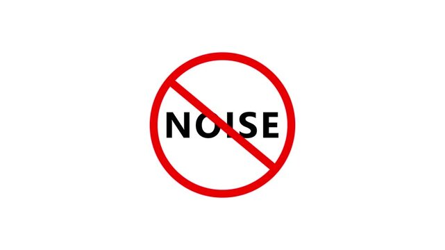 Red prohibition sign with the word NOISE in white glowing text on a black background no noise