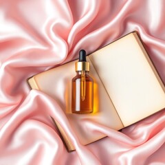 Beauty serum bottle on book with pink silk background for skincare and wellness product photography
