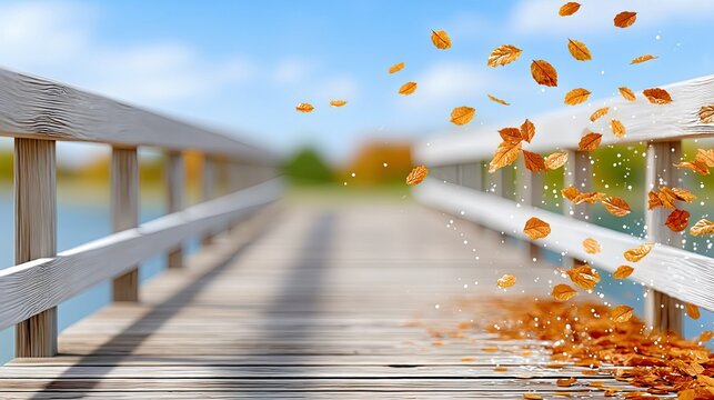 Wooden Bridge with Autumn Leaves Blowing in the Wind - Powered by Adobe