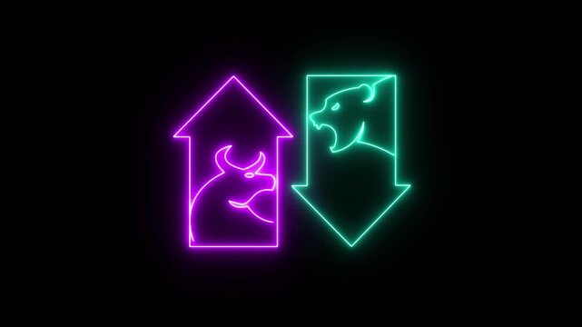 Growing stock market. Bullish and Bearish market trading up and down trend of graph. t. Animation of bull and bear icon with arrow isolated on transparent background. Business and financial concept 4k