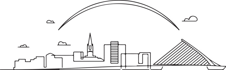 Continuous Line Art of Dublin Skyline with Liffey River Arc Minimal Outline Illustration