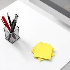 White desk with pens and sticky notes for office supplies and workspace organization in bright light