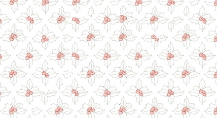 A delicate, seamless pattern featuring stylized holly leaves outlined in light gold and soft red berries on a white background, perfect for festive designs.
