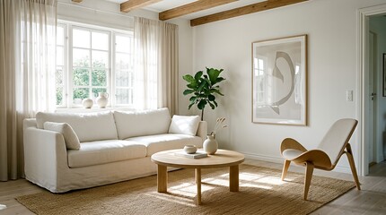 Bright and serene living room interior with natural light and minimalist decor.