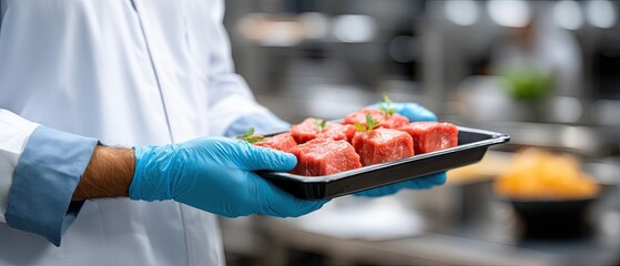 Worker packages raw steaks in a meat factory during a busy production line process