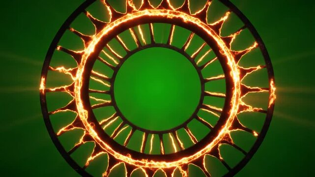 Circular design with Roman numerals and fiery elements against a green background.
