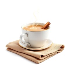 Delicious chai tea latte with cinnamon stick in a white cup on a beige napkin isolated shot