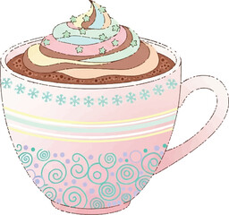 Whimsical illustration of a pink mug filled with hot chocolate topped with colorful whipped cream and star sprinkles.
