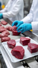 Worker packs raw beef steaks on trays in a food production plant with a conveyor belt and natural setting in the background