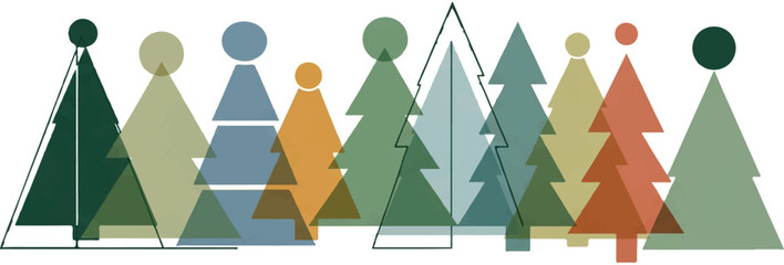 A row of stylized, overlapping evergreen trees in various muted colors, depicted with simple geometric shapes on a white background.
