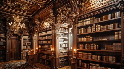 A detailed view of a classic library with wooden bookshelves and ornate ceiling decorations and chandelier