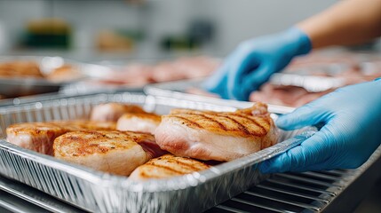 Workers prepare fresh pork steaks on a tray in a modern food processing facility with attention to hygiene and quality