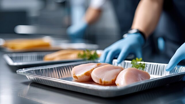 Hands in blue gloves prepare raw steaks and pork pieces for packaging in a modern kitchen area at a food industry production line - Powered by Adobe