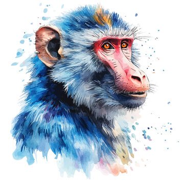 Watercolor illustration painting of Baboon, minimal, isolated on a white background.