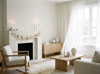 Bright and serene modern living room with a cozy fireplace and natural light.