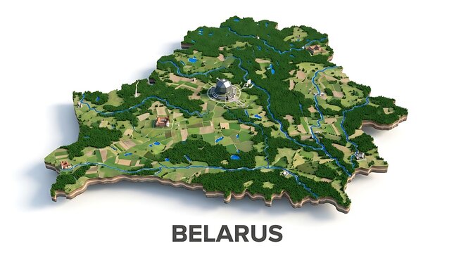 A three-dimensional physical map of Belarus showing its topography, forests, and rivers, isolated on a white background.