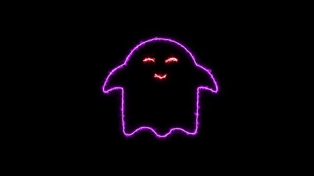 Neon cute ghost icon. Glowing neon benevolent spirit icon on dark background. A stylize glowing neon icon representing a soft, benevolent presence icon.