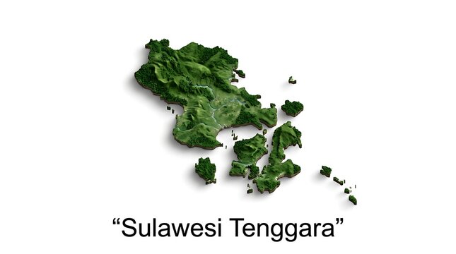 A three-dimensional map of the Indonesian province of Sulawesi Tenggara, rendered with a green, leafy texture on a white background.
