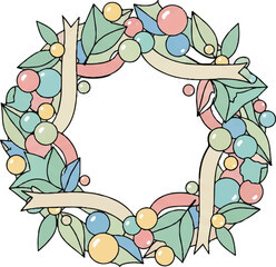 A pastel-colored festive wreath adorned with leaves, berries, and ribbons, creating a cheerful decorative border.