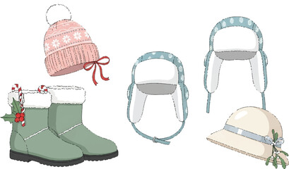 A collection of winter hats and boots, including a pink knitted beanie, green snow boots, blue trapper hats, and a cloche hat with festive decorations.