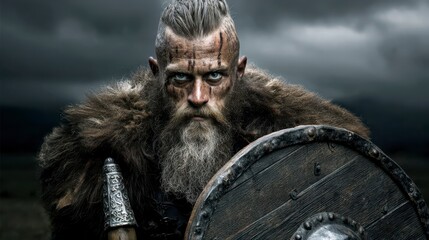 Fearless Viking Warrior: A weathered and fearsome Viking warrior stands poised, exuding strength and determination. The battle-scarred face and intense gaze speak of a life of conflict and valor.