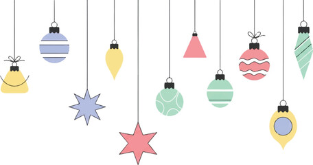 A collection of pastel-colored Christmas ornaments and stars hanging from strings, featuring various shapes and patterns in a minimalist graphic style.