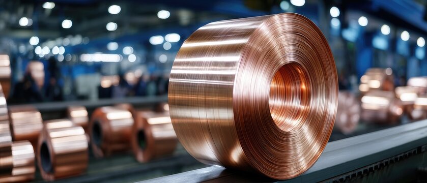 Machine rolls out copper sheet metal in an industrial factory with a blue theme and no people present