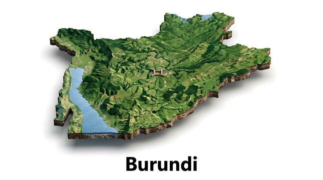 Topographic 3D map of Burundi with green highlands and blue water bodies, isolated on a white background.