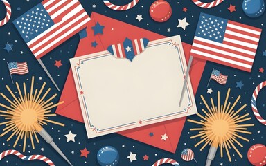 Obraz premium Vibrant patriotic american background featuring blank invitation card, us flags, glowing sparklers, decorative stars, and festive red, white, and blue elements for national holidays.