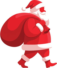Santa Claus walking with a large red sack full of presents over his shoulder, ready for Christmas delivery.