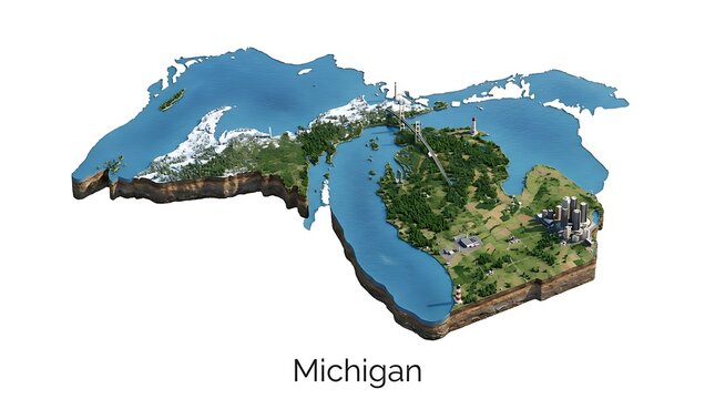 Isometric 3D map of Michigan state, showing the Great Lakes and surrounding land.