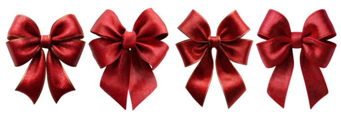 Four luxurious shiny red satin bows with textured ribbon and long flowing tails isolated on transparent background