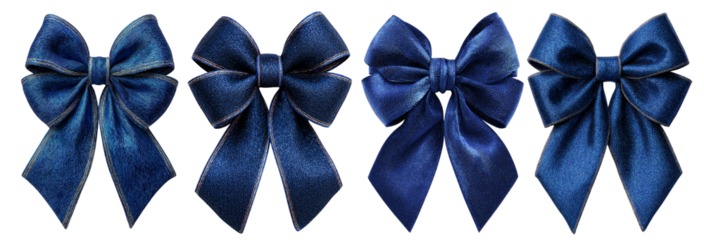 Four ornate deep blue velvet ribbon bows with intricate textured patterns arranged in a row isolated on transparent background