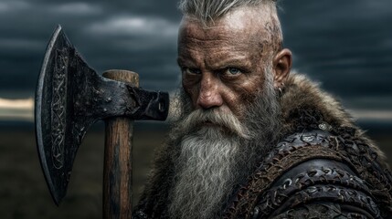 Warrior's Resolve: A formidable warrior, with an intense gaze and battle-worn features, holds a steel axe, ready for the next challenge. The dark, cloudy sky foreshadows an impending conflict.
