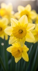 Fototapeta premium Vibrant yellow daffodil flowers blooming in soft morning sunlight.