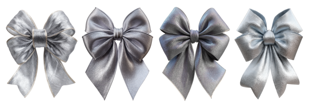 Four elegant silver metallic ribbon bows with shimmering texture and flowing tails isolated on transparent background