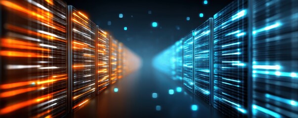 Concept of increasing the ability to scale business growth. A futuristic digital corridor with glowing orange and blue lines, resembling server racks, creating a high-tech atmosphere.